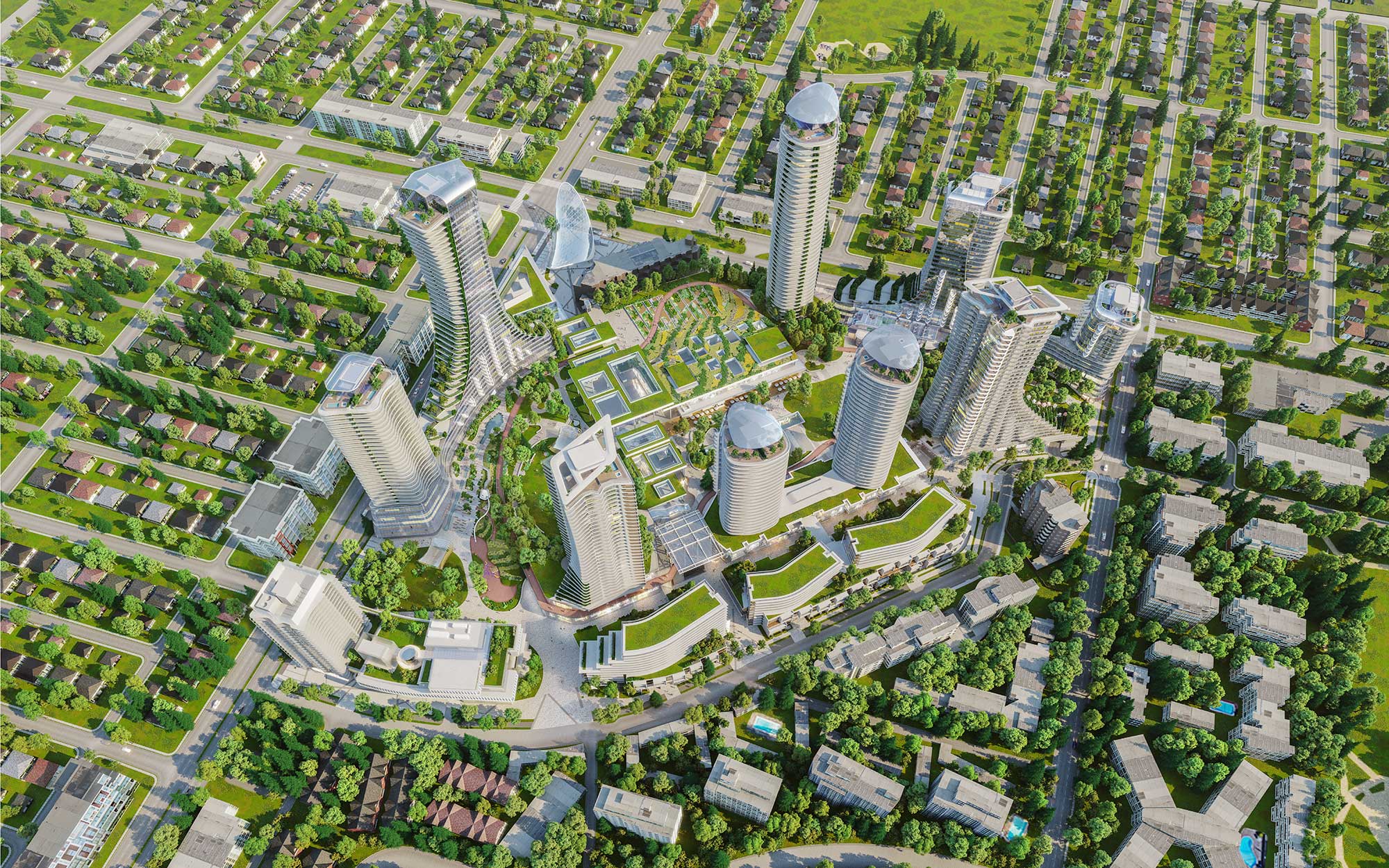 Aerial view of the Oakridge redevelopment, looking east