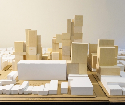 Wood block massing model of Mirvish Village.