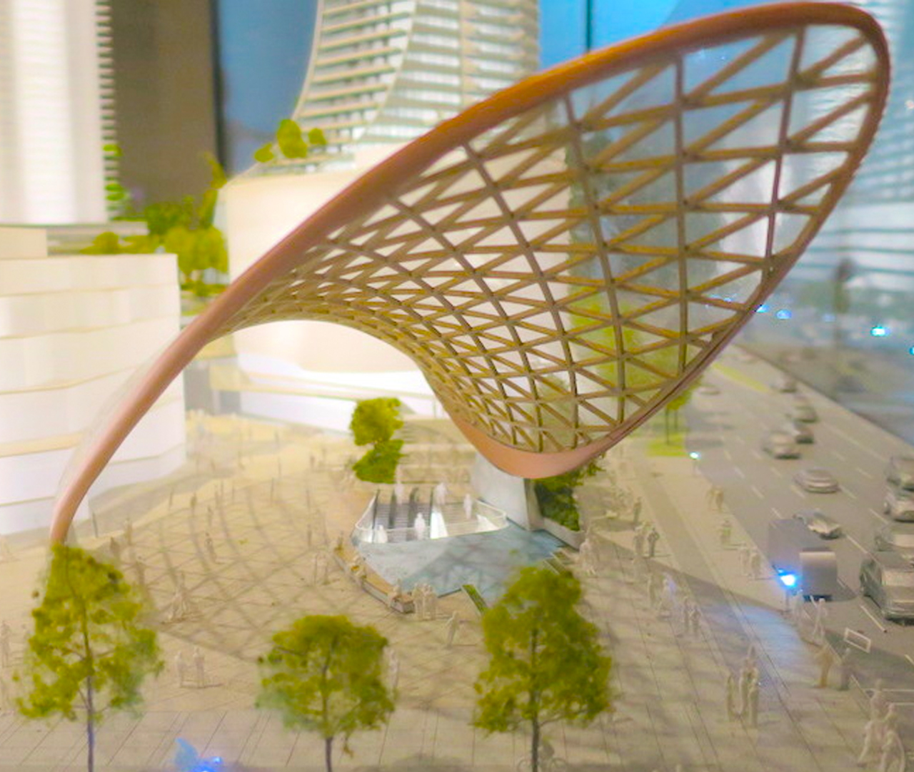 Close-up image of the Oakridge model; shown here is the transit canopy at 41st and Cambie.