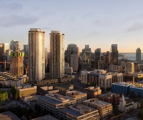 Aerial view of 1200 Stewart project in Seattle looking Southwest.
