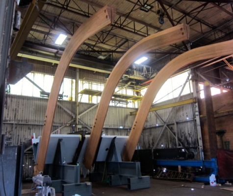 Still image showing the manufacturing of the glulam ribs from the TELUS Garden pavilion canopy.