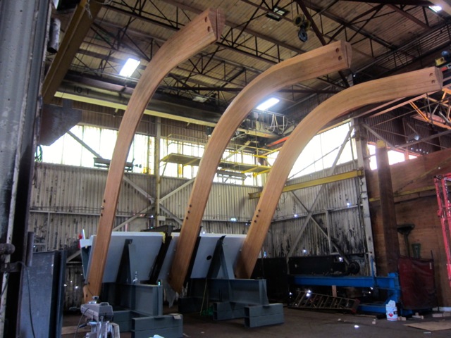 Still image showing the manufacturing of the glulam ribs from the TELUS Garden pavilion canopy.