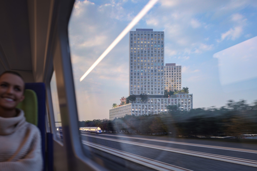 5207 Dundas rental towers seen from the subway line.