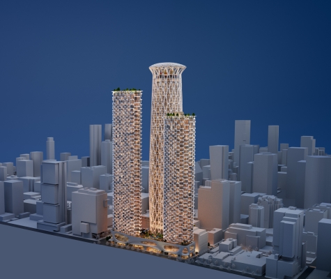 Georgia + Abbott – Render of proposed towers from Richards Street