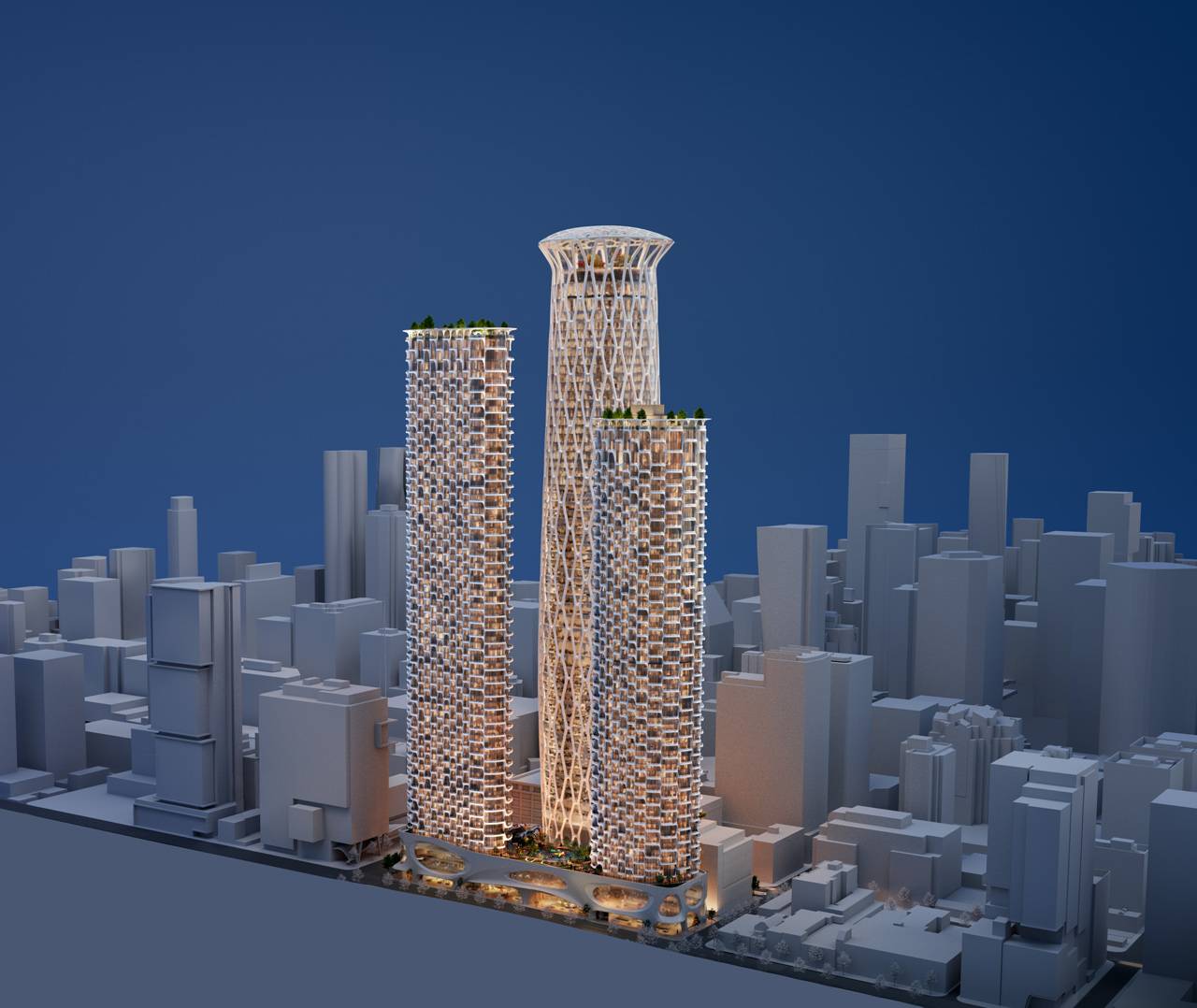 Georgia + Abbott – Render of proposed towers from Richards Street