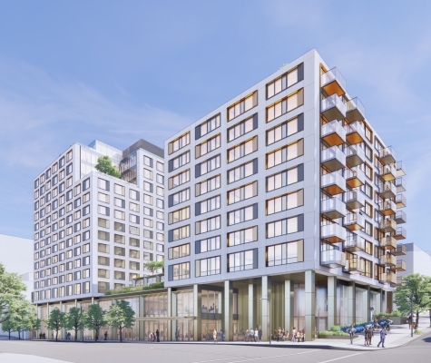Render of 888 West Broadway looking from the intersection of West Broadway and Laurel Street.