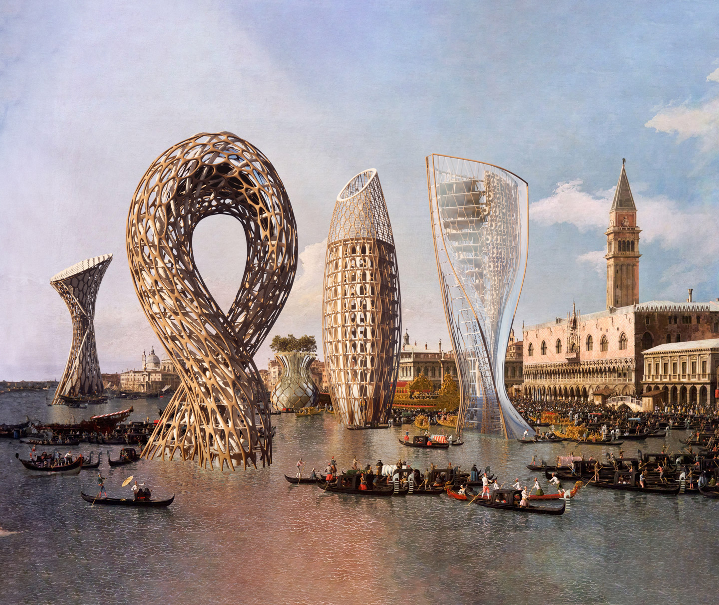 Render of Symplasma structures depicted within a Canaletto painting.