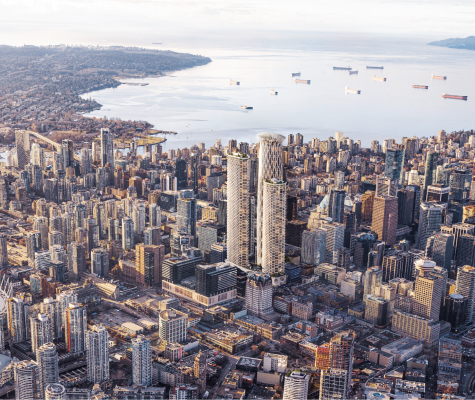 Aerial photograph of the Georgia and Abbott towers with Vancouver's skyline in the background.