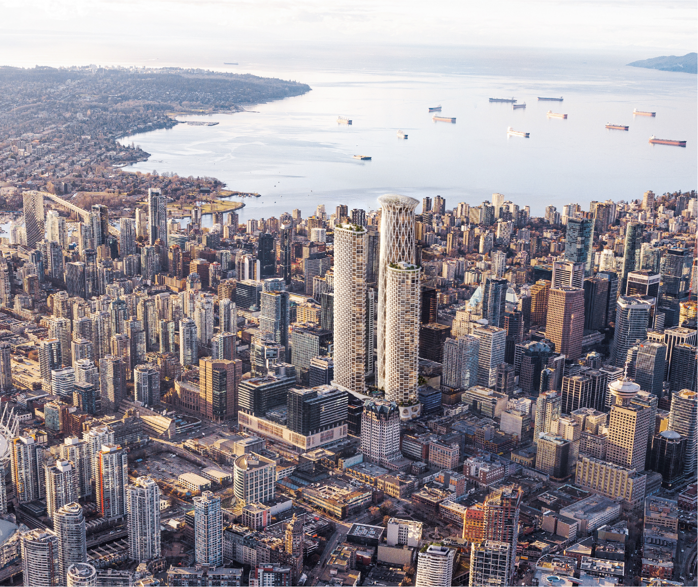 Aerial photograph of the Georgia and Abbott towers with Vancouver's skyline in the background.