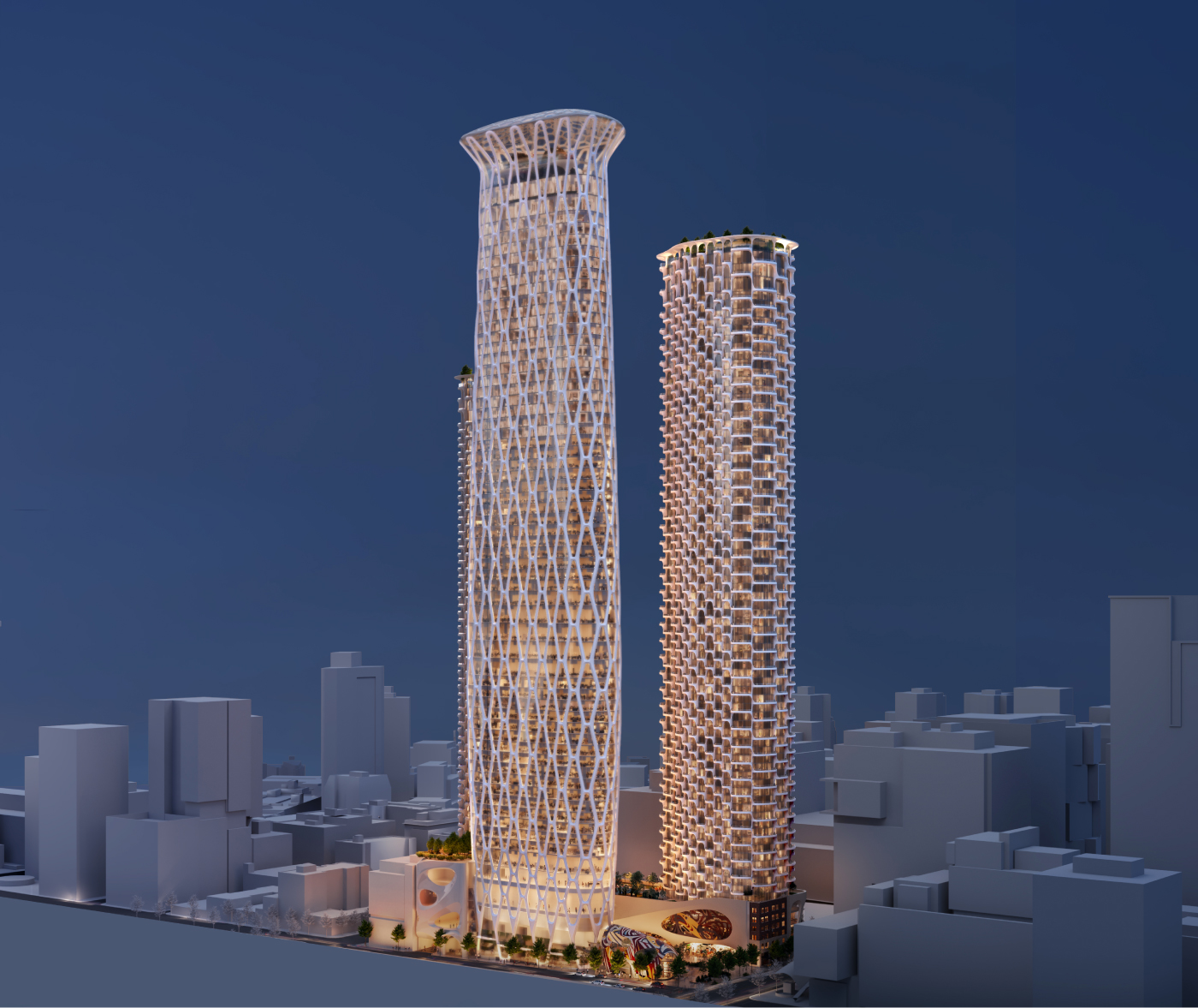 Isolated render showing Georgia + Abbott's supertall commercial tower in the foreground, with the 2 residential towers in the back, illustrating the project in its downtown Vancouver context.
