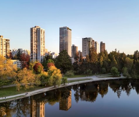 Aerial render of the 2030 Barclay development in Vancouver’s West End, with surrounding residential towers in the background.