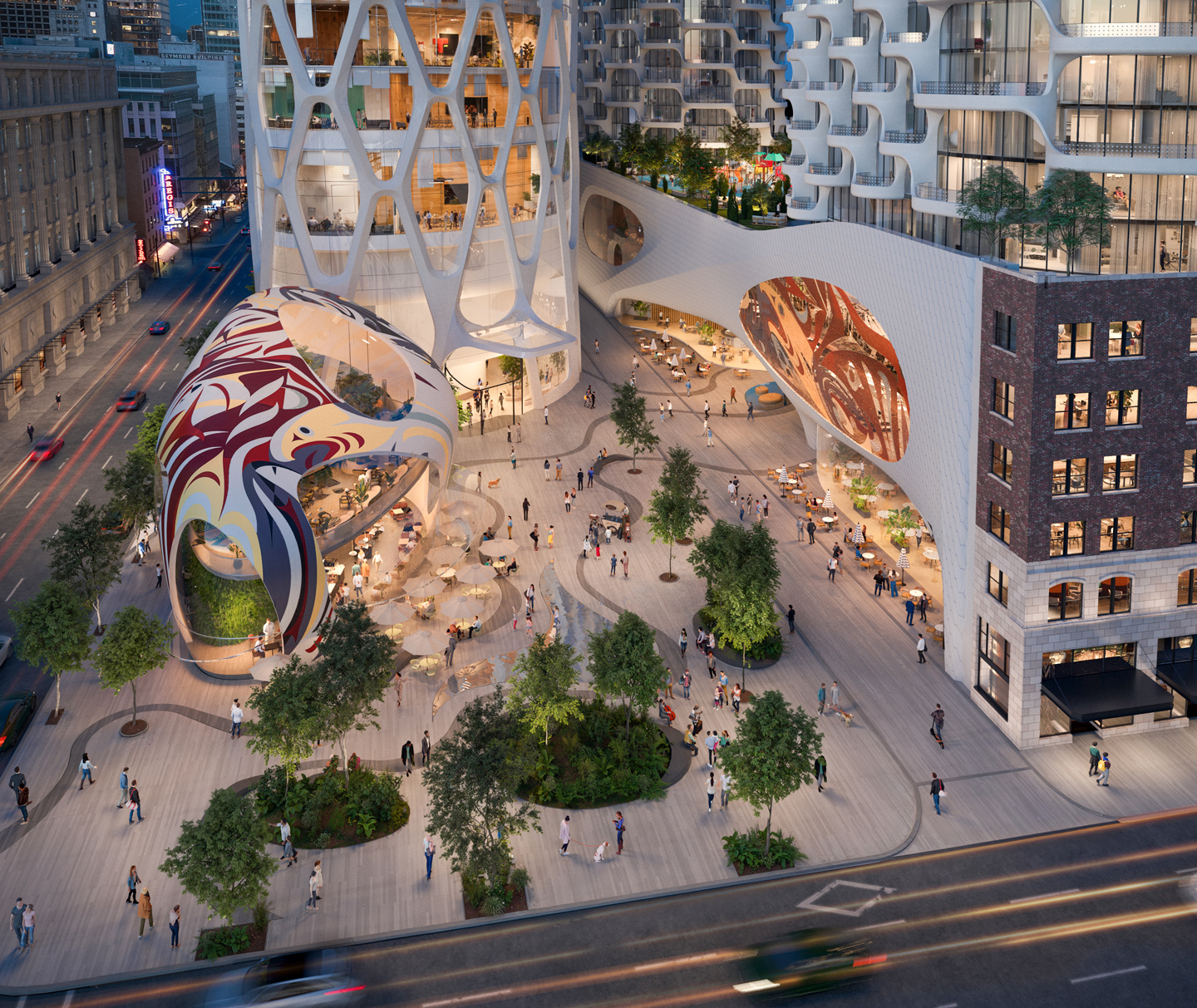 Render showing Georgia + Abbott Indigenous-led public plaza at the Georgia Street site.