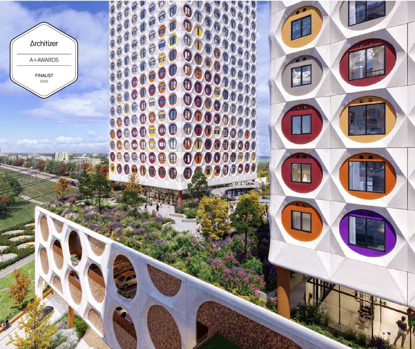 Render of landscaped outdoor amenity space at 2444 Eglinton, with Architizer A+Awards finalist badge.